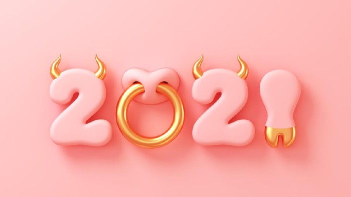 2021 With Numbers As Bull Horns, Hoof And Nose Ring On Pink Background. Concept Of Chinese New Year Of The Ox. 3D Illustration.