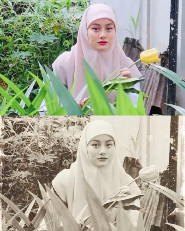 Dinda Hauw yang populer lewat sinetron Monyet Cantik pada 2007 itu berpose di balik daun sambil memegang setangkai bunga. Posenya ini menambah kesan vintage seperti foto tahun 90an. Foto: instagram @dindahw.