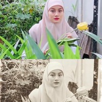 Dinda Hauw yang populer lewat sinetron Monyet Cantik pada 2007 itu berpose di balik daun sambil memegang setangkai bunga. Posenya ini menambah kesan vintage seperti foto tahun 90an. Foto: instagram @dindahw.