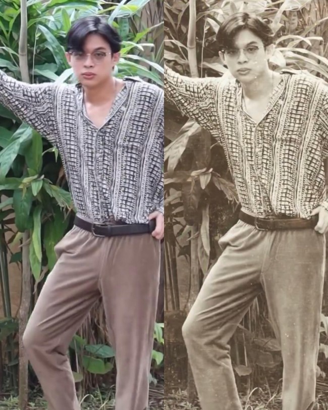 Dalam tantangan foto jadul ala 90-an ini, Rey Mbayang bergaya memakai kemeja klasik dipadu dengan celana panjang cokelat. Agar lebih dramatisir, Rey juga memakai kacamata bulat sambil bergaya tanpa ekspresi. Foto: Instagram @dindahw.