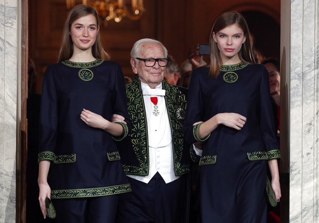 FILE - In this May 3, 2005 file photo, French fashion designer Pierre Cardin presents his exhibition 