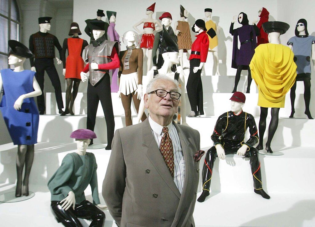 FILE - In this May 3, 2005 file photo, French fashion designer Pierre Cardin presents his exhibition 