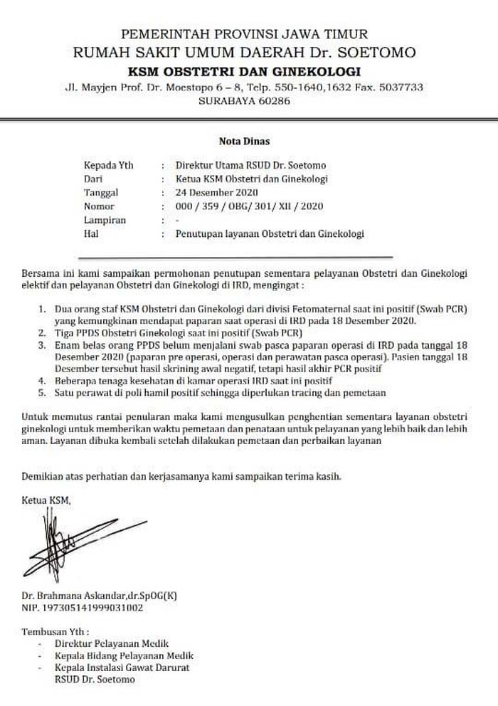 Beredar Surat Layanan di RSU Soetomo Lockdown