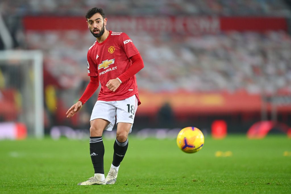 MANCHESTER, ENGLAND - DECEMBER 29: Bruno Fernandes of Manchester United in action during the Premier League match between Manchester United and Wolverhampton Wanderers at Old Trafford on December 29, 2020 in Manchester, England. The match will be played without fans, behind closed doors as a Covid-19 precaution. (Photo by Michael Regan/Getty Images)