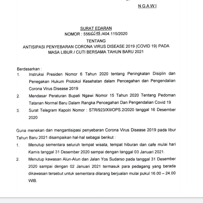 Jumlah kasus COVID-19 di Ngawi terus bertambah dan kini mencapai 577. Untuk menekan penyebaran virus, Forkopimda menutup semua lokasi wisata saat libur tahun baru.