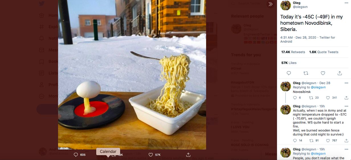 Viral Foto Mie dan Telur yang Membeku dengan Cepat di Siberia