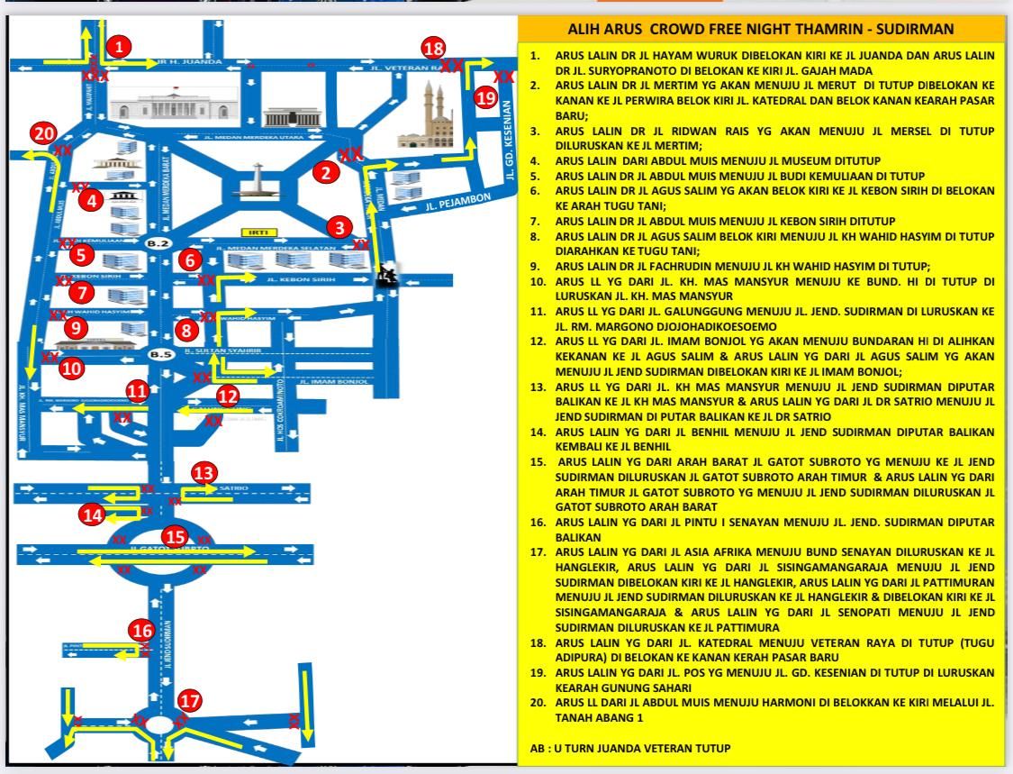 Detail pengalihan arus lalin terkait crowd free night di Sudirman-Thamrin, Jakpus, pada malam tahun baru 2021 (dok Istimewa)