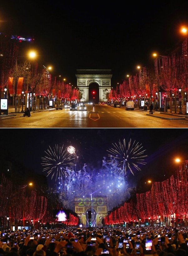 Kolase yang menunjukkan pemandangan umum jalan Champs Elysees di Paris pada Hari Tahun Baru Jumat (1/12021), dan di lokasi yang sama namun penuh dengan orang yang bersuka ria pada hari Selasa (1/1/2020). AP Photo/Thibault Camus, Christophe Ena Kolase yang menunjukkan pemandangan umum jalan Champs Elysees di Paris pada Hari Tahun Baru Jumat (1/12021), dan di lokasi yang sama namun penuh dengan orang yang bersuka ria pada hari Selasa (1/1/2020). AP Photo/Thibault Camus, Christophe Ena