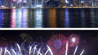 Kolase ini menunjukkan pemandangan umum Pelabuhan Victoria pada Malam Tahun Baru tahun 2021 di Hong Kong , dan foto bawah menunjukkan Malam Tahun Baru tahun 2019. AP Photo/Kin Cheung  