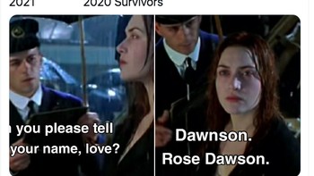 Mengambil adegan Titanic, meme ini menggambarkan Rose sebagai survivor yang selamat dari tahun 2020. Foto: Twitter