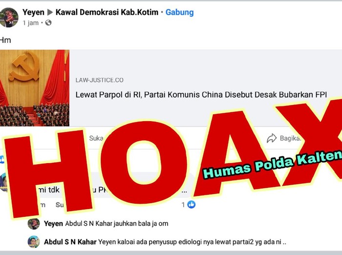Ardian ditangkap karena unggah link berita media online soal keterlibatan Partai Komunis China desak FPI bubar