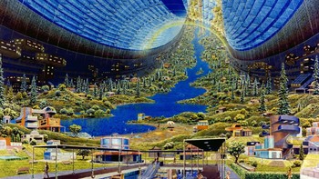 Tampilan interior koloni Torus yang diwarnai pepohonan, sungai, dan bangunan ayang futuristik. Foto: NASA Ames Research Center