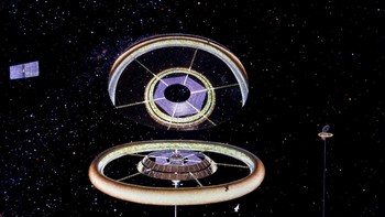 Tampilan eksterior koloni Torus yang terdiri dari dua cincin besar. Ilustrasi ini adalah karya seniman Don Davis. Foto: NASA Ames Research Center