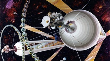 Bagian eksterior dari koloni dual silinder. Render konsep ini merupakan karya seniman Rick Giudice. Foto: NASA Ames Research Center