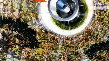 Interior Bernal Sphere yang penuh rumah tinggal, area hijau dan sungai. Bahkan ada seseorang yang bermain paralayang. Foto: NASA Ames Research Center