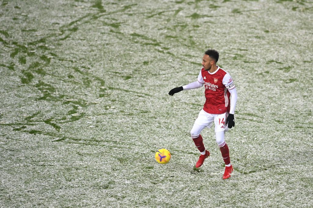 Pierre-Emerick Aubameyang WEST BROMWICH, ENGLAND - JANUARY 02: Pierre-Emerick Aubameyang of Arsenal runs with the ball during the Premier League match between West Bromwich Albion and Arsenal at The Hawthorns on January 02, 2021 in West Bromwich, England. The match will be played without fans, behind closed doors as a Covid-19 precaution. (Photo by Michael Regan/Getty Images)