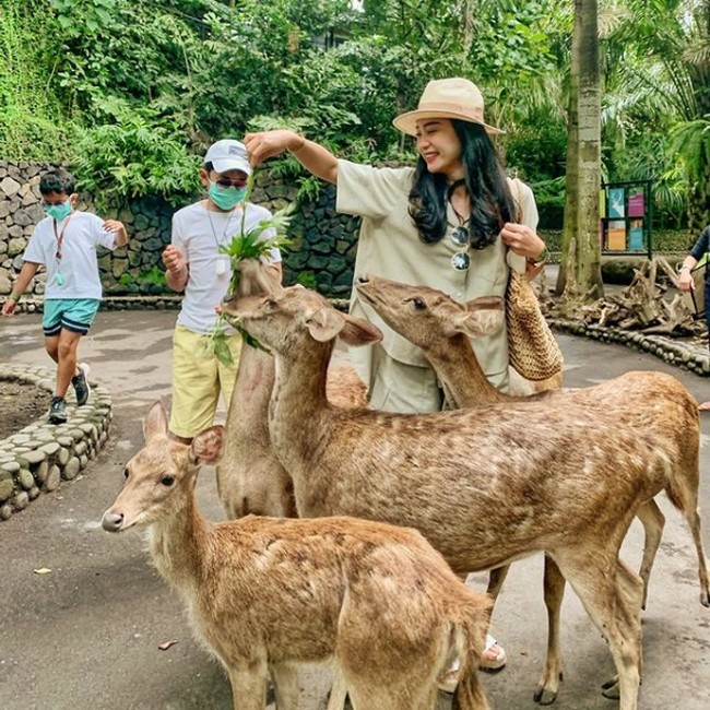 Terbaru, wanita 33 tahun ini berkunjung ke Bali Zoo. Dia tampak mengenakan busana bertema safari dengan setelan kemeja dan celana pendek hijau lumut. Foto: Instagram/@bungazainal05