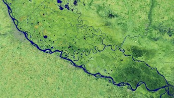Pemandangan sungai dan daratan di dekat Rosario, Argentina. Walau terlihat baik-baik saja, sebenarnya level air di sungai adalah yang terendah dalam beberapa dekade karena kekeringan. Foto: NASA