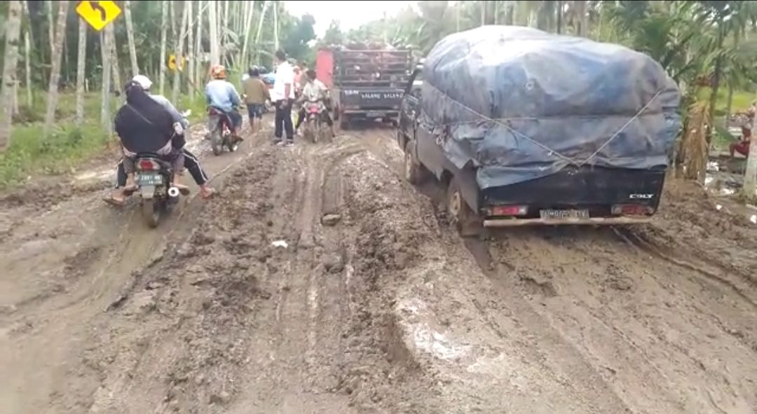 Kondisi Jalan rusak parah di Desa Siau Tanjabtim Jambi yang membuat akses jalan kadang macet. (Dok Istimewa)