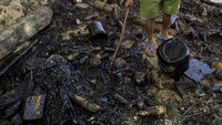 Warga mengamati limbah minyak hitam di pantai utara Pulau Batam, Kepulauan Riau, Selasa (05/01/2021).