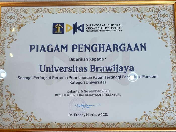 Universitas Brawijaya (UB) menerima penghargaan dari Direktorat Jenderal Kekayaan Intelektual. Yakni sebagai perguruan tinggi yang terbanyak mengajukan paten selama masa pandemi COVID-19.