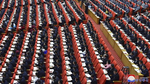 In this photo provided by the North Korean government, a ruling party congress is held in Pyongyang, North Korea Tuesday, Jan. 5, 2021. North Korean leader Kim Jong Un opened its first Workers' Party Congress in five years with an admission of policy failures and a vow to lay out new developmental goals, state media reported Wednesday. Independent journalists were not given access to cover the event depicted in this image distributed by the North Korean government. The content of this image is as provided and cannot be independently verified. Korean language watermark on image as provided by source reads: 