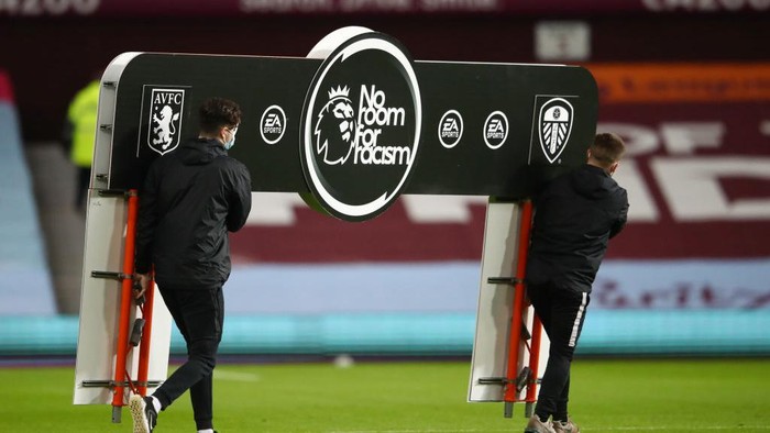 BIRMINGHAM, ENGLAND - OCTOBER 23: The Premier League handshake board is seen with the No Room For Racism logo prior to the Premier League match between Aston Villa and Leeds United at Villa Park on October 23, 2020 in Birmingham, England. Sporting stadiums around the UK remain under strict restrictions due to the Coronavirus Pandemic as Government social distancing laws prohibit fans inside venues resulting in games being played behind closed doors. (Photo by Michael Steele/Getty Images)