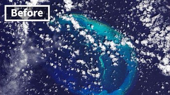 Badai Walaka melanda pada Oktober 2018, Kepulauan Hawaii Barat Laut termasuk Pulau Timur, telah menyapu sebagian besar dari 11 hektar pasir dan kerikil yang membentuk pulau itu, hanya menyisakan dua bagian tanah, Foto: NASA via Bored Panda