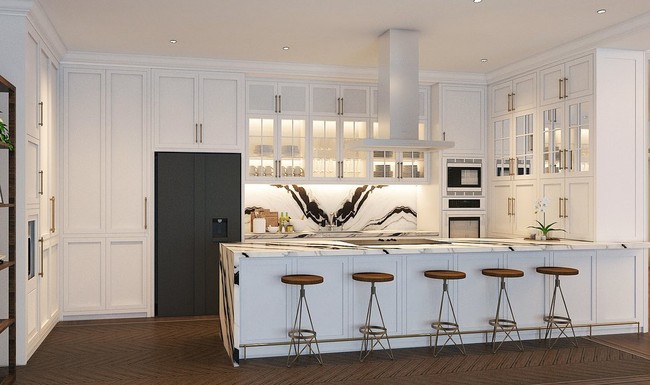 Area dapur yang juga berwarna putih hadir dengan meja island yang dilengkapi kursi bar. (Foto: Instagram/@zaskiasungkar15)