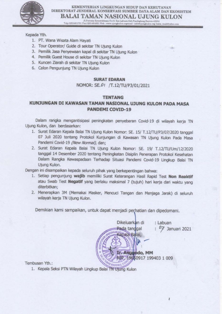 Surat edaran terbaru dari pihak Balai TNUK.