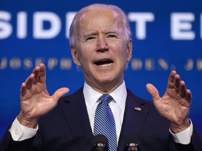 WILMINGTON, DELAWARE - JANUARY 07: U.S. President-elect Joe Biden delivers remarks before announcing his choices for attorney general and other leaders of the Justice Department at The Queen theater January 07, 2021 in Wilmington, Delaware. Biden nominated Judge Merrick Garland to be attorney general, Lisa Monaco to be deputy attorney general, Vanita Gupta to be associate attorney general, and Kristen Clarke to be assistant attorney general for the Civil Rights Division.   Chip Somodevilla/Getty Images/AFP