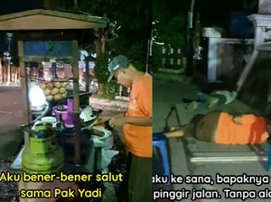 Hiks! Penjual Tahu Tek Ini Tiduran di Trotoar Sambil Tunggu Pembeli Datang