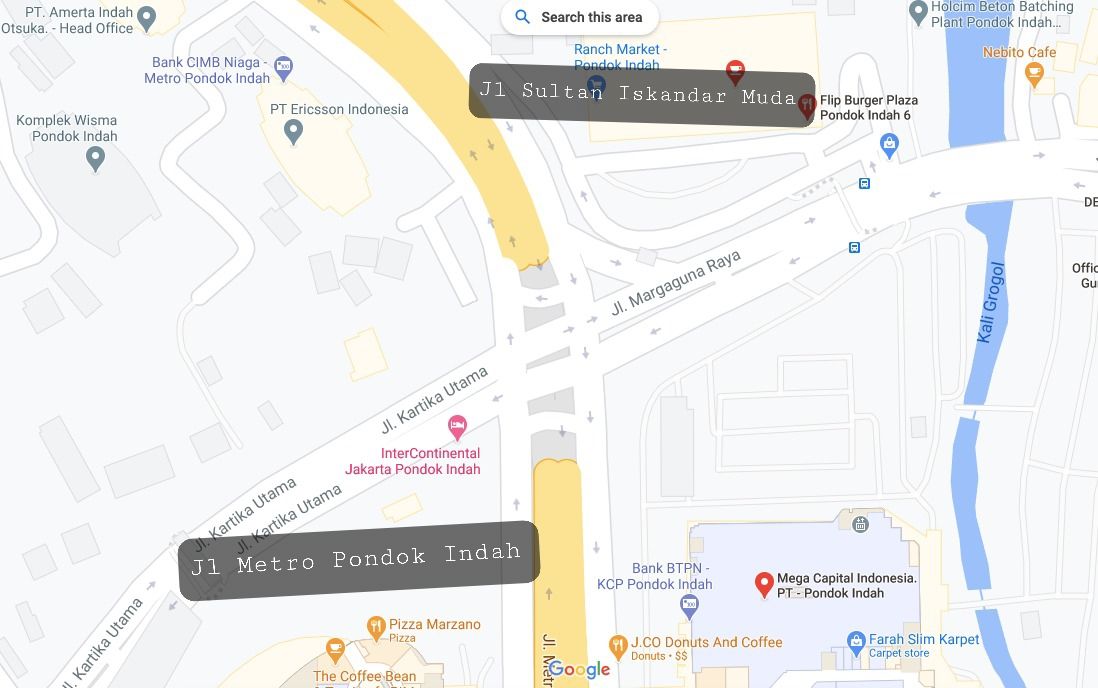 Posisi Jl Metro Pondok Indah dan Jl Sultan Iskandar Muda di perempatan Pondok Indah Mall atau PIM. (Repro Google Maps)