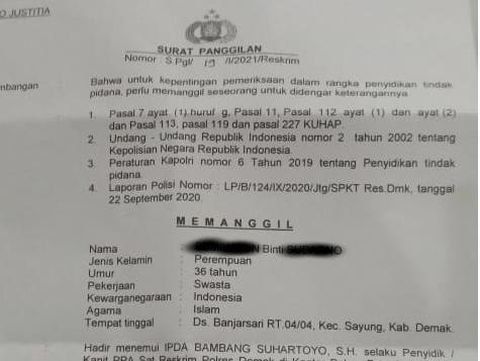 Surat pemanggilan S (36) yang dipolisikan oleh anak kandungnya sendiri di Demak, Sabtu (9/1/2021).