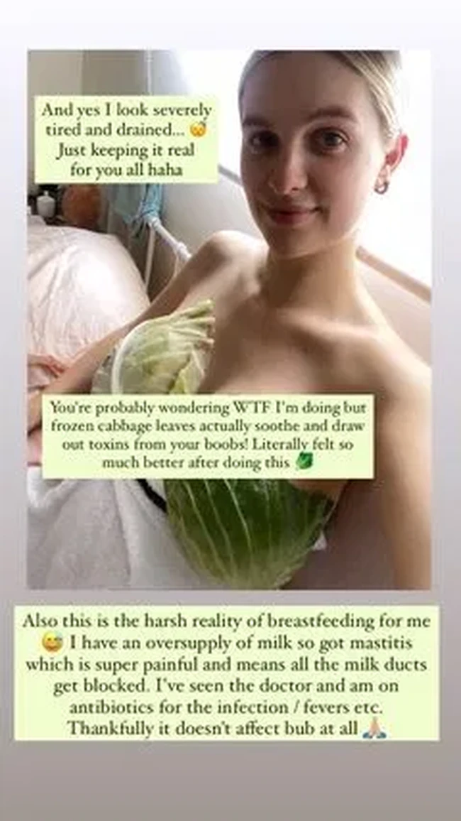 Isabelle menutupi payudaranya dengan sayur kubis. Bukan dalam rangka pemotretan atau keisengannya, namun ternyata ada tujuan khusus Isabelle melakukannya. Foto: dok. Instagram
