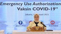 Kepala Badan POM (BPOM) Dr Penny K Lukito, dalam jumpa pers, Senin (11/1/2021) mengatakan Badan POM mengambil langkah kebijakan dengan menerapkan emergency use authorization atau persetujuan penggunaan dalam kondisi kedaruratan untuk vaksin COVID-19. ANTARA FOTO/HO/Humas BPOM  