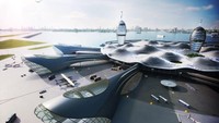 Desain terbaru memperlihatkan bangunan menara baja dan kaca berbentuk silinder menonjol melalui atap panel surya berbentuk bundar. Bangunan ini membentuk Kota Bandara Antariksa atau Spaceport City.