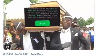 Telegram langsung memanfaatkan momen ini dengan memajang meme WhatsApp ada di peti mati lantaran kebijakan privasi barunya yang bikin gelisah. Foto: istimewa