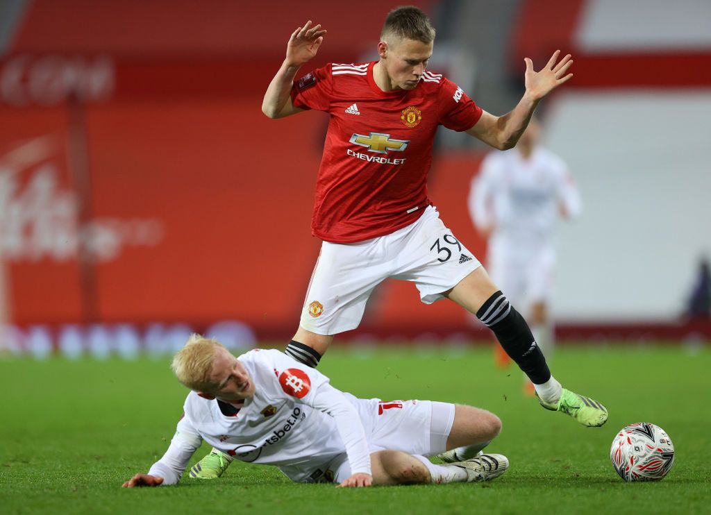 MANCHESTER, ENGLAND - JANUARY 09: Scott McTominay of Manchester United celebrates after scoring their team's first goal during the FA Cup Third Round match between Manchester United and Watford at Old Trafford on January 09, 2021 in Manchester, England. The match will be played without fans, behind closed doors as a Covid-19 precaution. (Photo by Richard Heathcote/Getty Images)