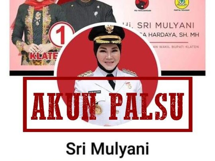 Akun Facebook catut nama Bupati Klaten Sri Mulyani, Selasa (12/1/2021).