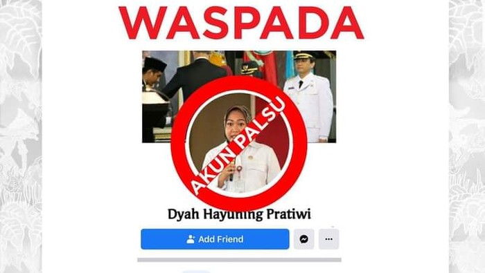 Akun Facebook catut nama Bupati Purbalingga Dyah Hayuning Pratiwi, Selasa (12/1/2021).