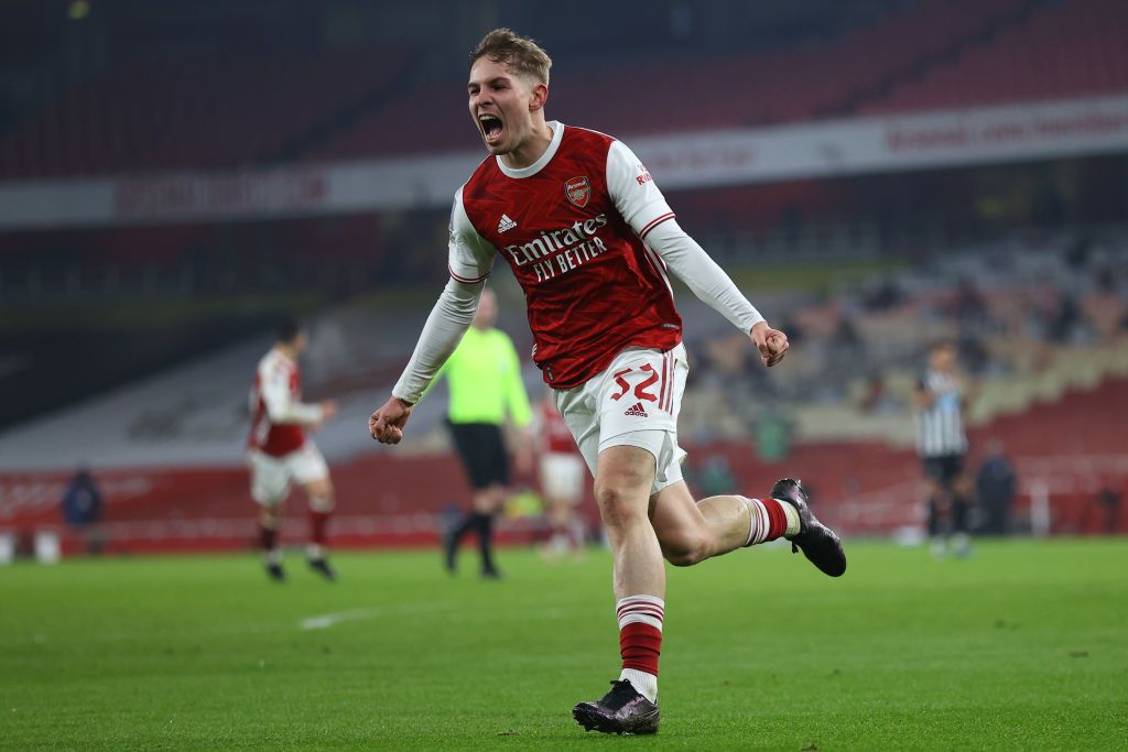 Emile Smith Rowe LONDON, ENGLAND - JANUARY 09: Emile Smith Rowe of Arsenal celebrates after scoring their sides first goal during the FA Cup Third Round match between Arsenal and Newcastle United at Emirates Stadium on January 09, 2021 in London, England. The match will be played without fans, behind closed doors as a Covid-19 precaution. (Photo by Julian Finney/Getty Images)