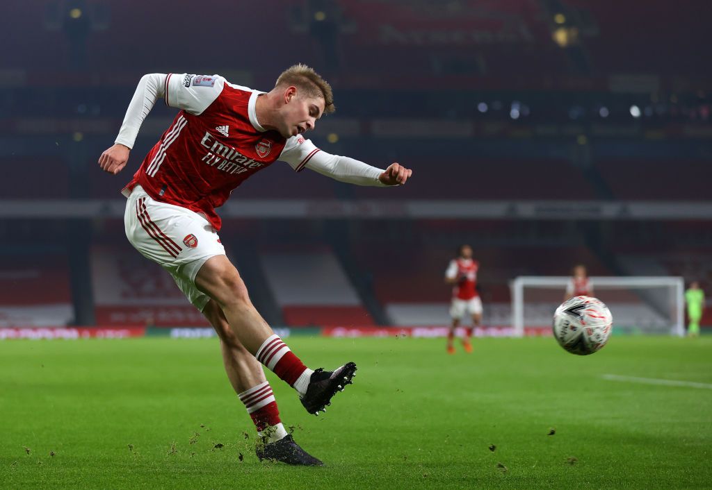 Emile Smith Rowe LONDON, ENGLAND - JANUARY 09: Emile Smith Rowe of Arsenal celebrates after scoring their sides first goal during the FA Cup Third Round match between Arsenal and Newcastle United at Emirates Stadium on January 09, 2021 in London, England. The match will be played without fans, behind closed doors as a Covid-19 precaution. (Photo by Julian Finney/Getty Images)