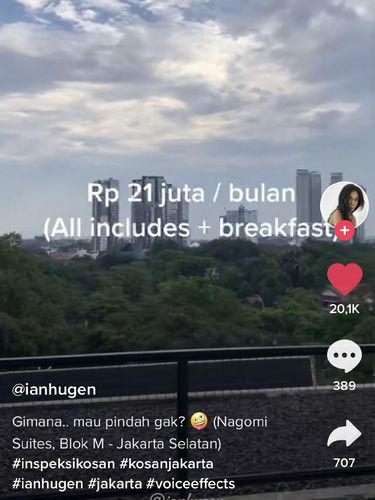 Konten kreator  Ian Hugen mengulas harga kamar kos harga Rp 21 juta per bulan
