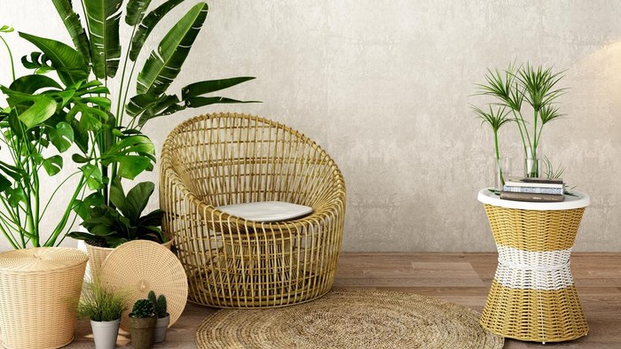 tren dekorasi rumah 2021 interior design for living area or reception with , rattan armchair,plants,cabinet on wood floor and concrete background / 3d illustration,3d rendering