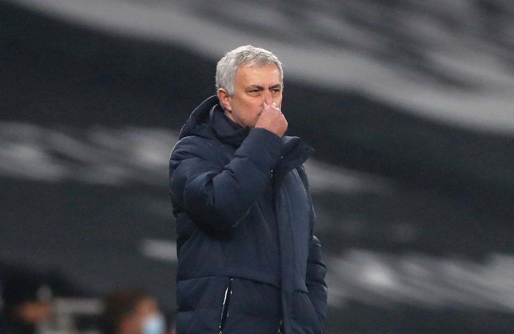LONDON, ENGLAND - JANUARY 13: Jose Mourinho, Manager of Tottenham Hotspur reacts during the Premier League match between Tottenham Hotspur and Fulham at Tottenham Hotspur Stadium on January 13, 2021 in London, England. Sporting stadiums around England remain under strict restrictions due to the Coronavirus Pandemic as Government social distancing laws prohibit fans inside venues resulting in games being played behind closed doors. (Photo by Matthew Childs - Pool/Getty Images)