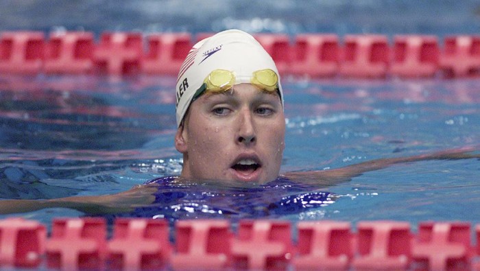 24  Jul 2001:  Klete Keller of the USA catches his breath after qualifying for the mens 200M Freestyle final of the Marine Messe Pool during the World Swimming Championship in Fukuoka, Japan. DIGITAL IMAGE. Mandatory Credit: Donald Miralle/ALLSPORT