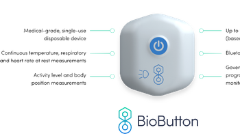 BioButton adalah stiker seukuran koin yang bisa digunakan untuk memonitor detak jantung, temperatur dan tingkat pernapasan. Perangkat ini juga terhubung dengan aplikasi yang bisa digunakan untuk melakukan screening jika muncul gejala lainnya. Foto: BioIntelliSense