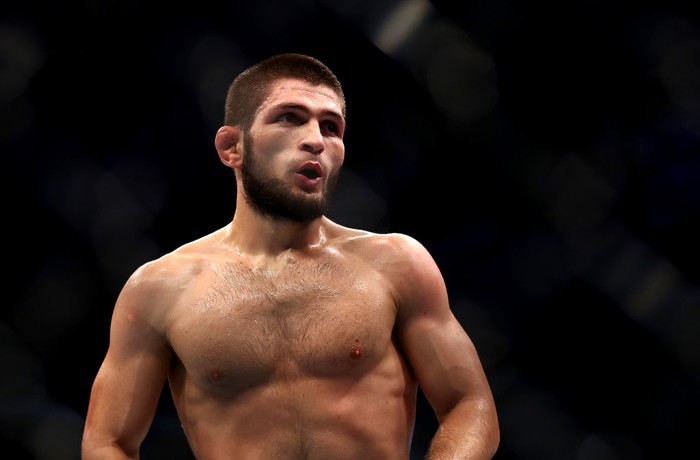 ABU DHABI, UNITED ARAB EMIRATES - SEPTEMBER 07: Khabib Nurmagomedov of Russia lokks on  against Dustin Poirier of United States in their Lightweight Title Bout during the UFC 242 event at The Arena on September 07, 2019 in Abu Dhabi, United Arab Emirates. (Photo by Francois Nel/Getty Images)