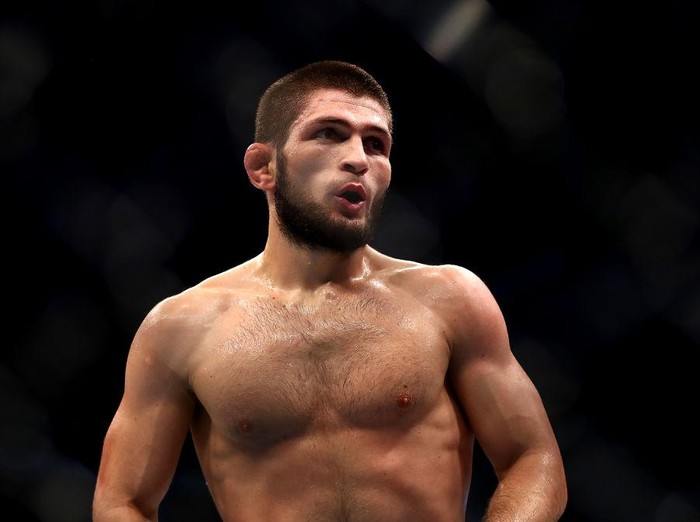 Khabib Nurmagomedov ABU DHABI, UNITED ARAB EMIRATES - SEPTEMBER 07: Khabib Nurmagomedov of Russia lokks on against Dustin Poirier of United States in their Lightweight Title Bout during the UFC 242 event at The Arena on September 07, 2019 in Abu Dhabi, United Arab Emirates. (Photo by Francois Nel/Getty Images)
